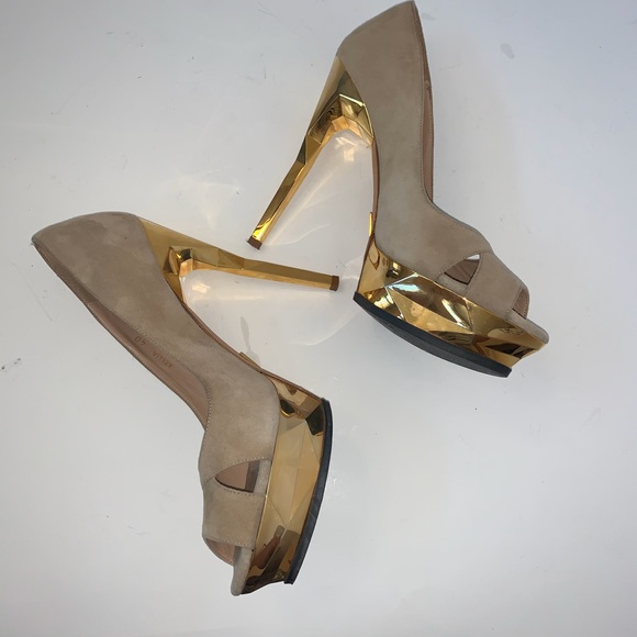 Herve Leger KELLIA Nude Lamb Suede Gold Prism Heel - Picture 7 of 12